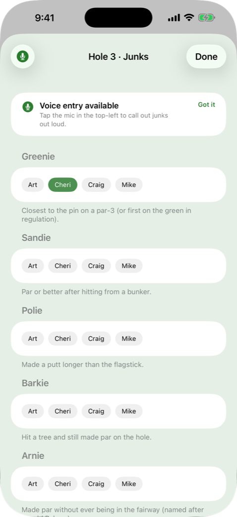Junk selection screen for greenies, sandies and more