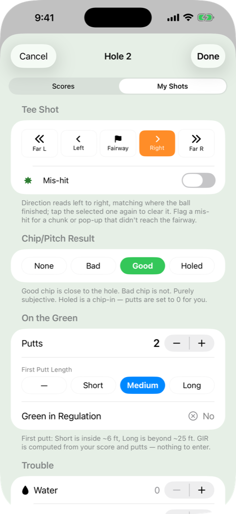 Entry form for recording shot results for each hole