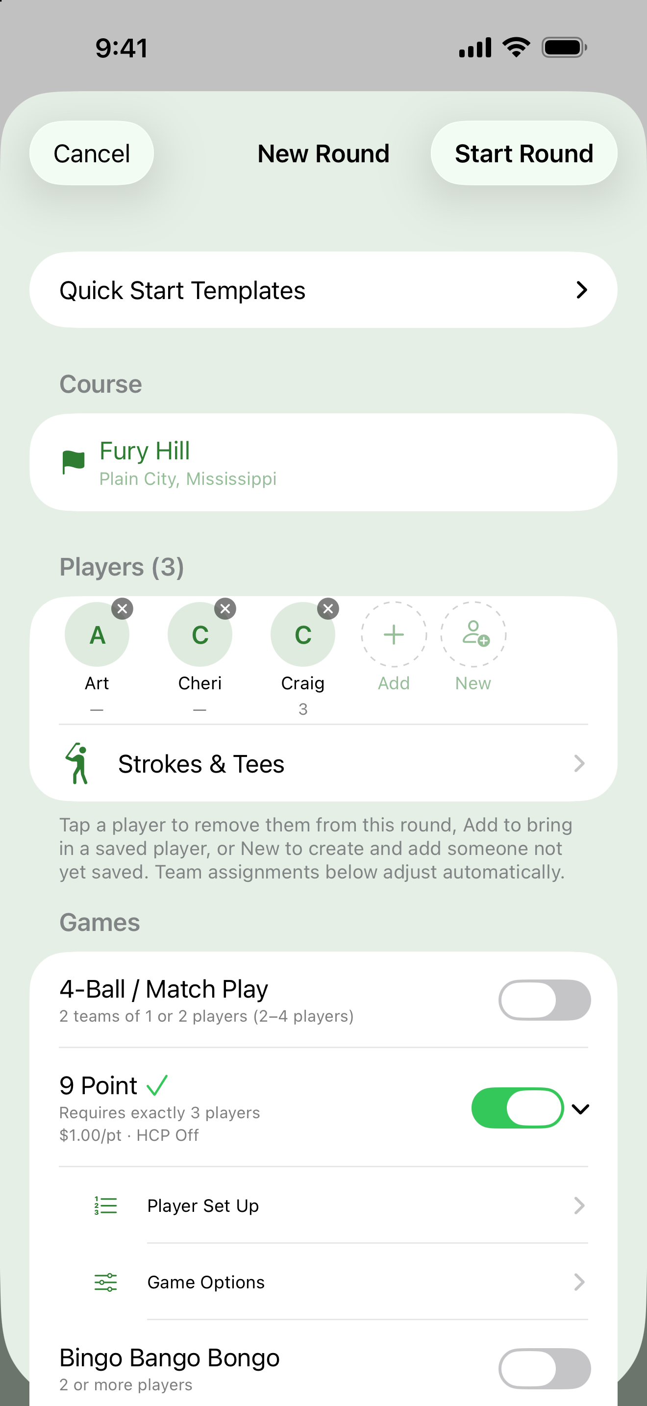 One-screen Round Setup with course, players and games together