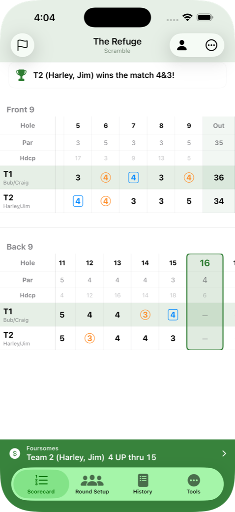 Foursomes match play scoreboard showing holes up and team scores to par