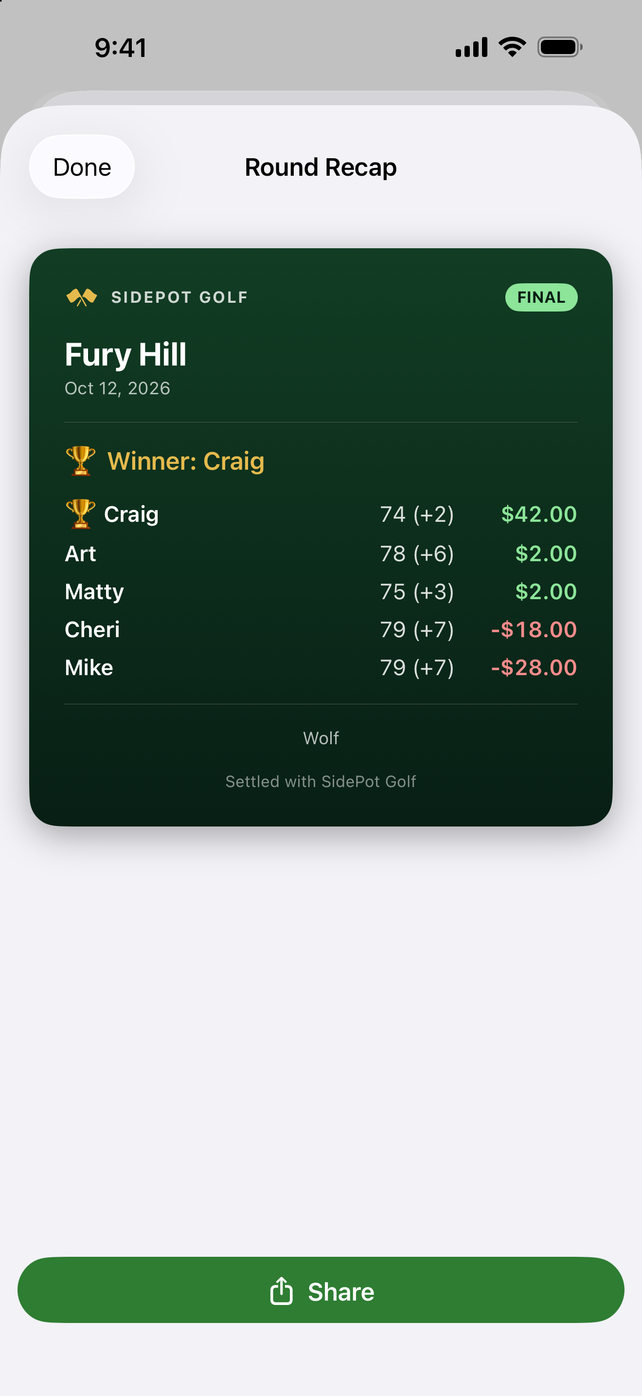 Round Recap scoreboard card showing final results and settlements, ready to share
