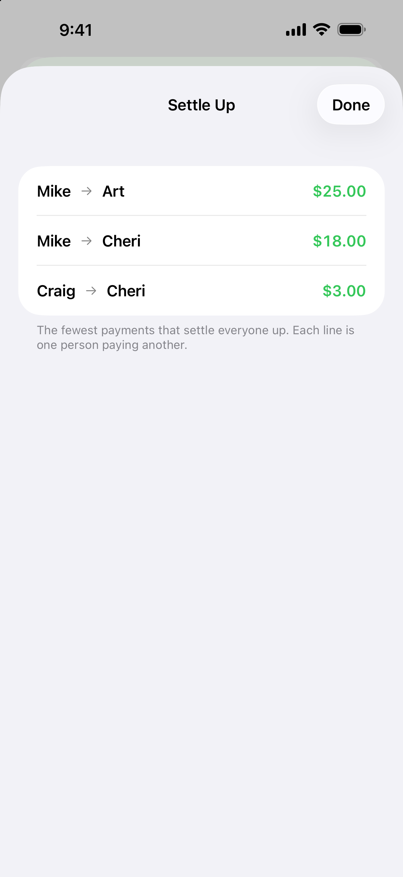 Settle Up screen turning net winnings into the fewest payments