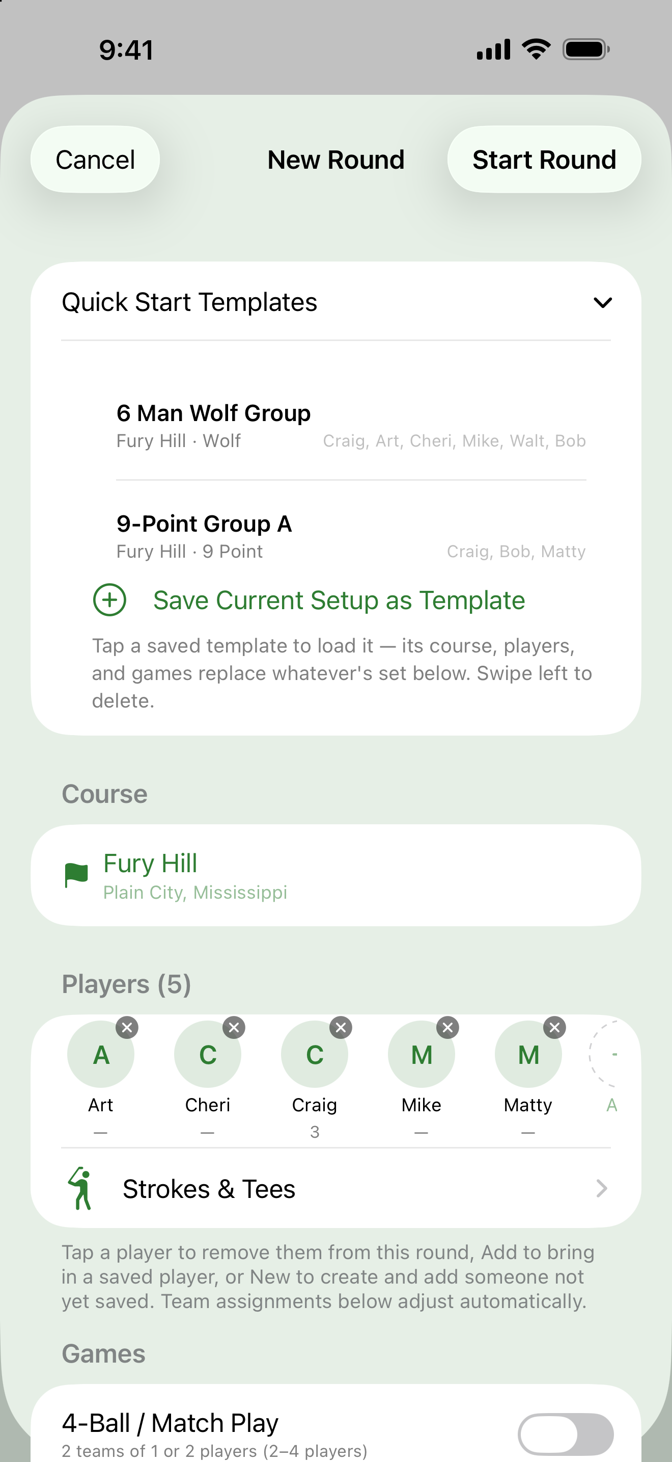 Quick-Start Templates section showing a saved course, players and games setup