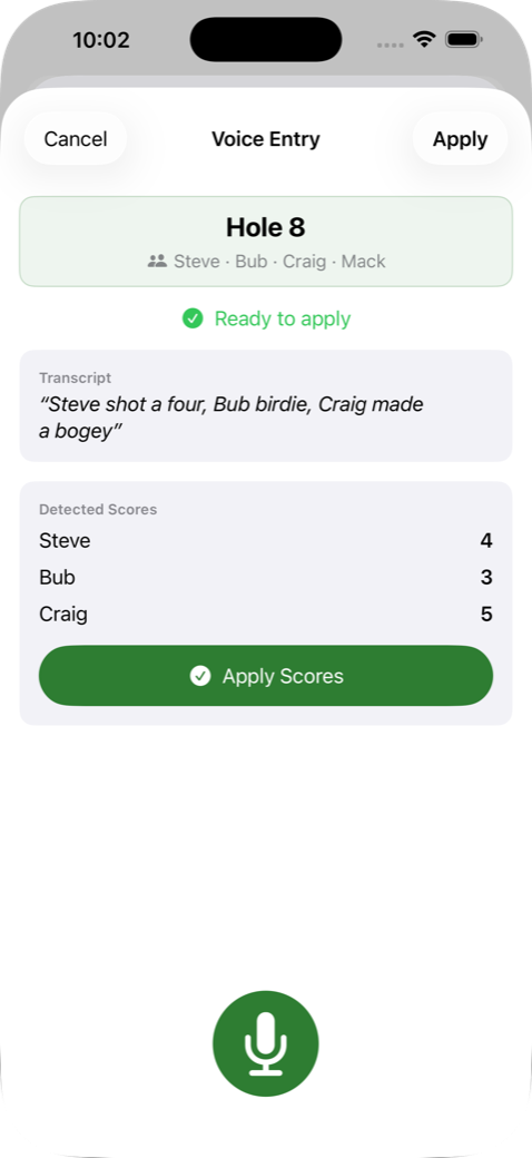 Voice score entry detecting scores from speech
