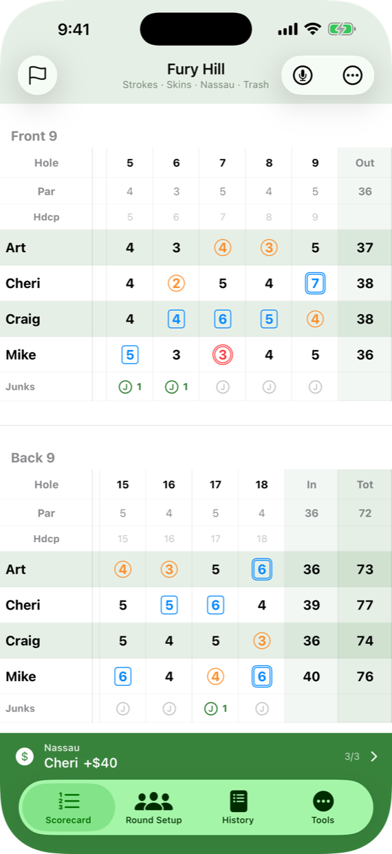 SidePot Golf scorecard on iPhone showing Wolf and Skins scoring