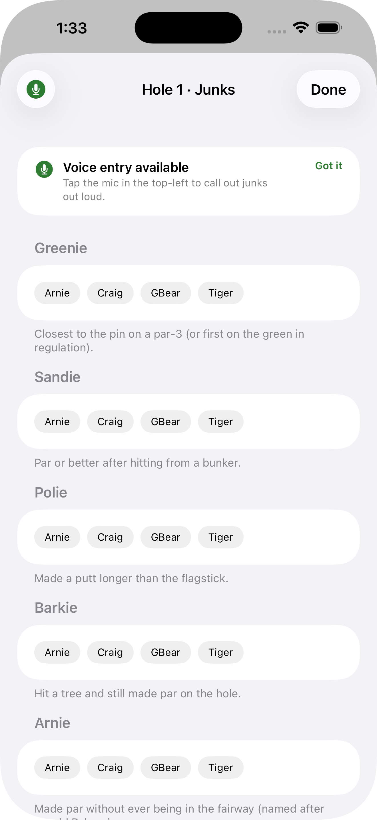 Junk selection screen for greenies, sandies and more