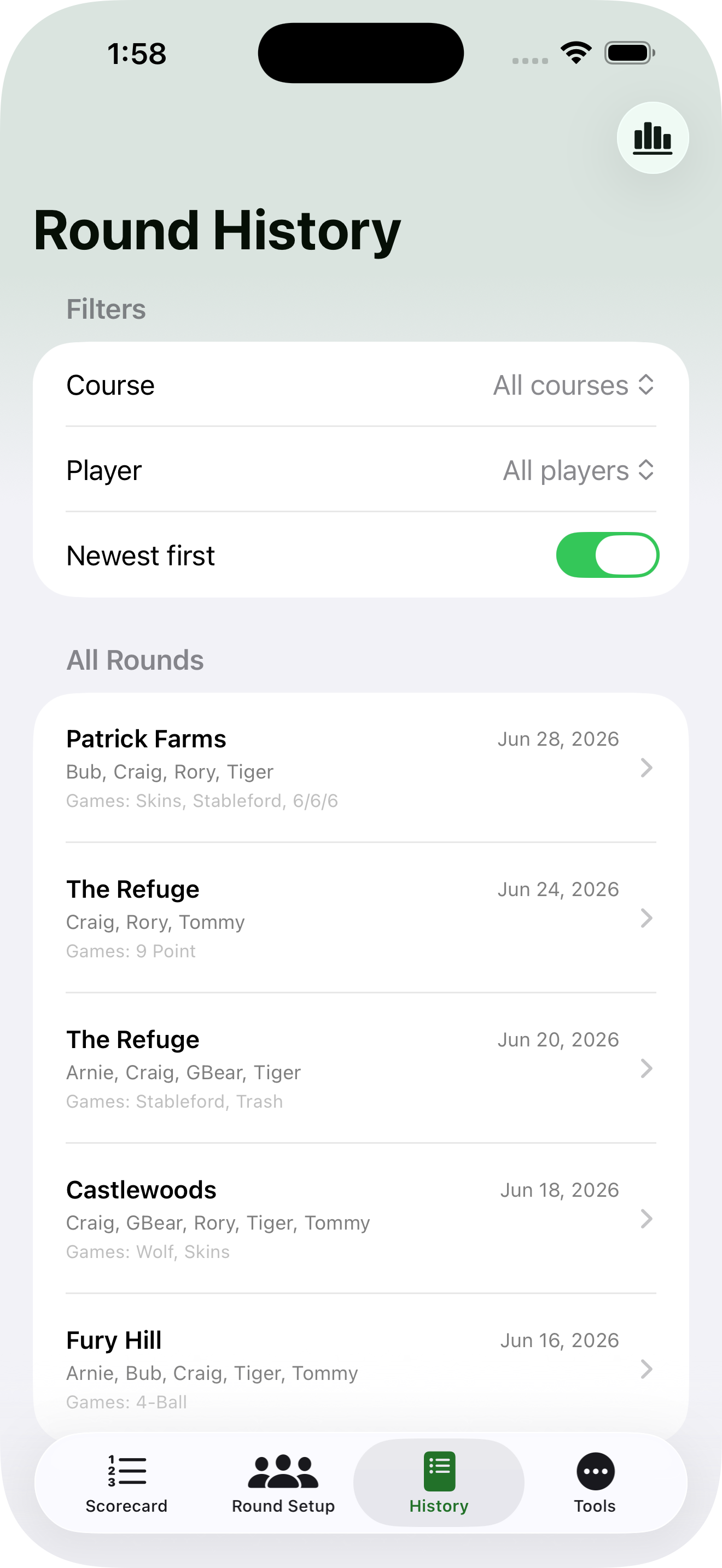 Round history list filterable by course and player