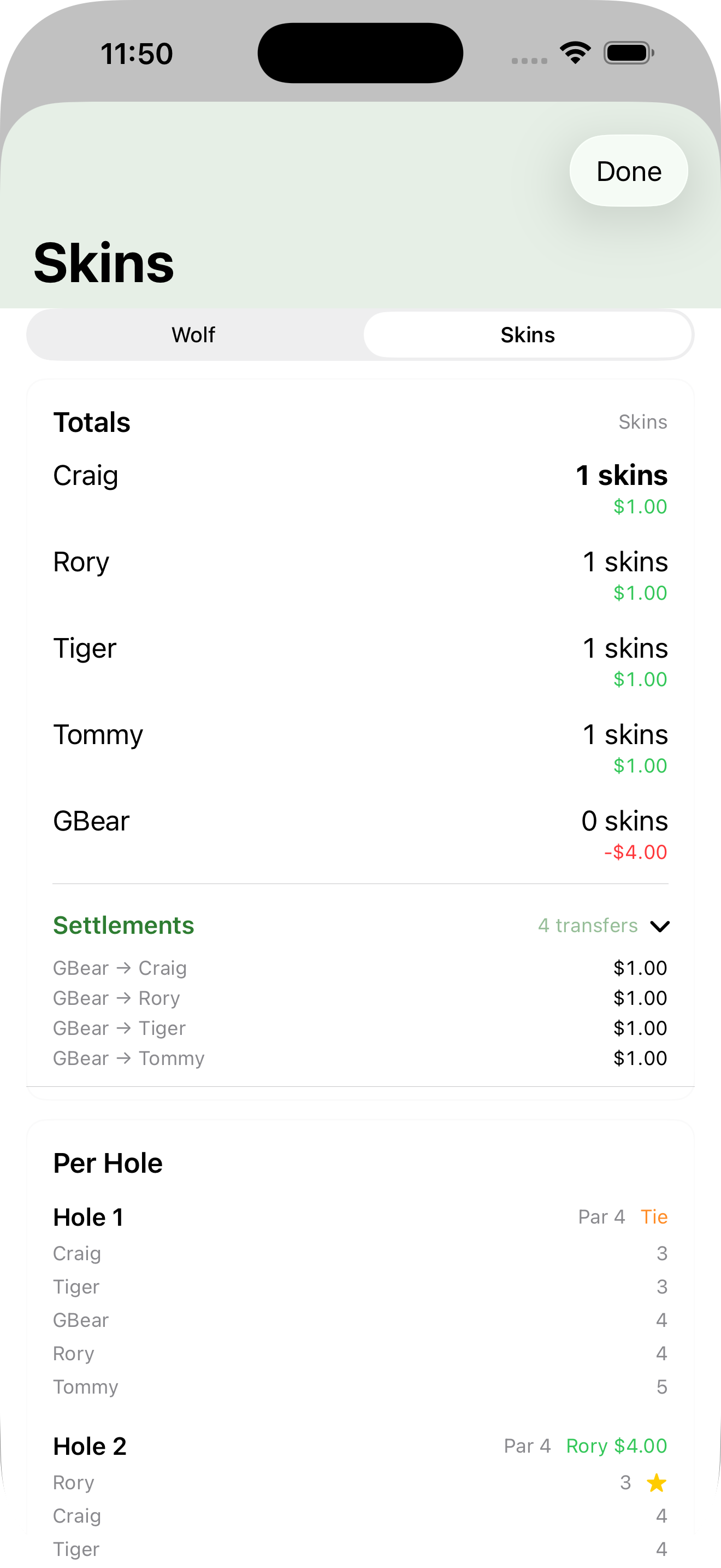 Skins scoreboard with settlement transfers