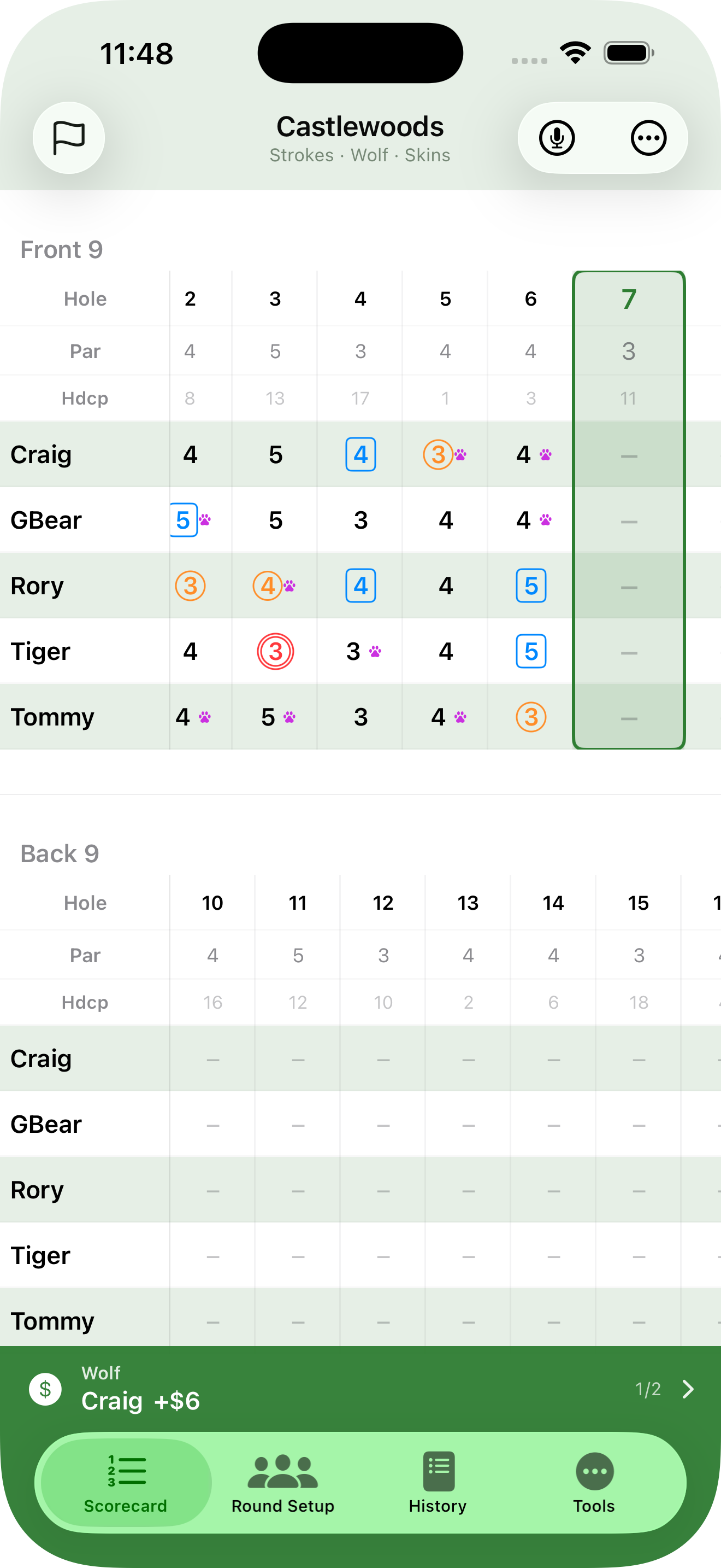 SidePot Golf scorecard on iPhone showing Wolf and Skins scoring