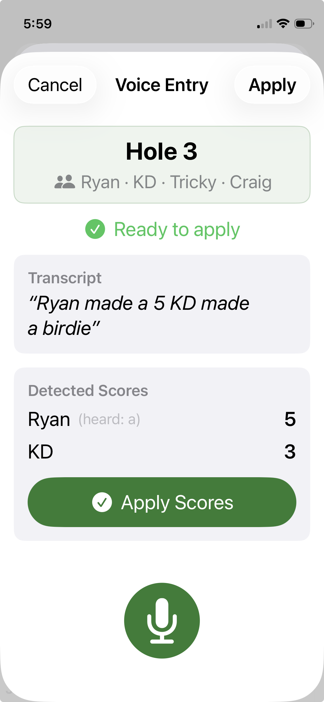 Voice score entry detecting scores from speech